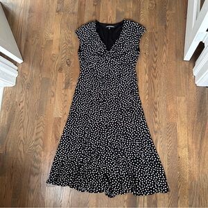 Jones Wear Dress Black Midi Dress with White Polka Dots, Size 12